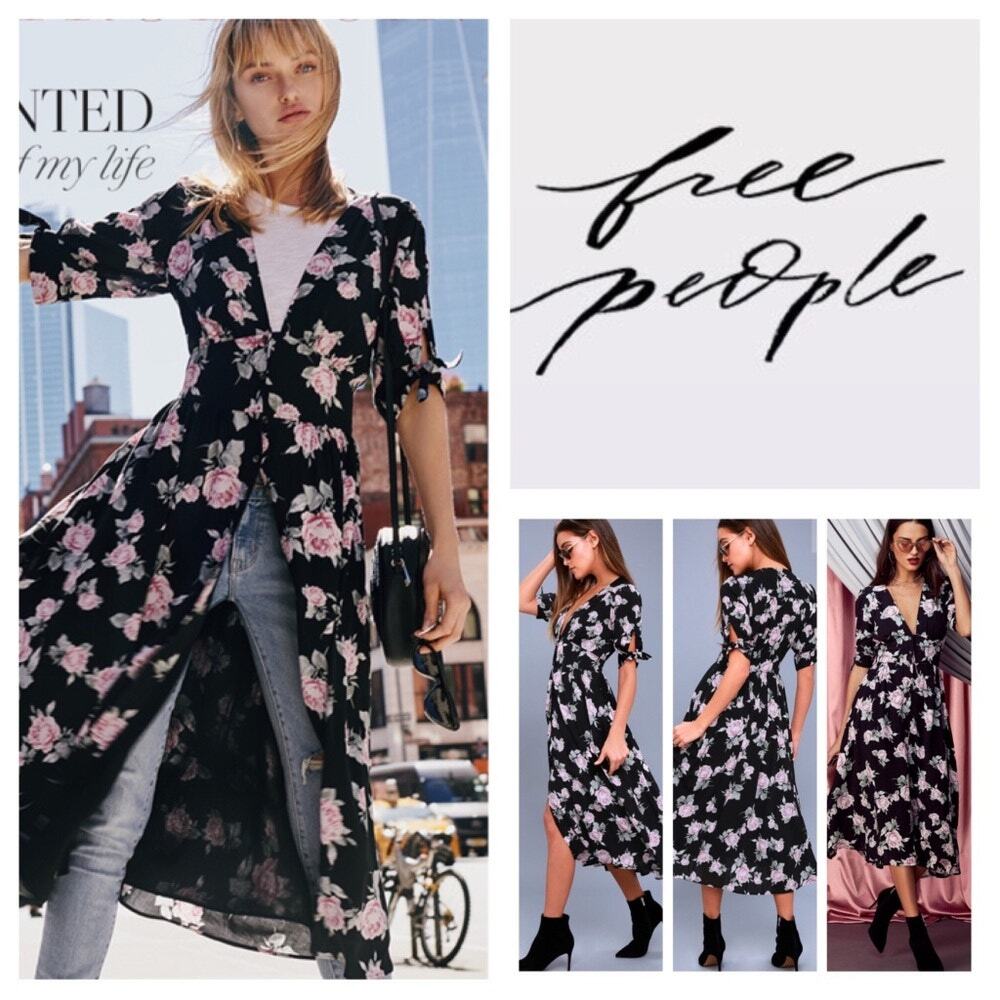 Free People "Love of My Life" Black Floral Midi Dress - L